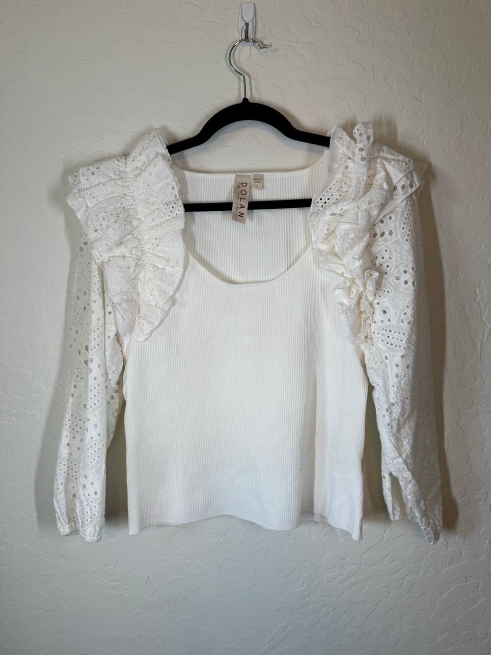 Dolan Anthropologie White 3/4 Sleeve Top with Ruffle Shoulders *L* Eyelet Lace